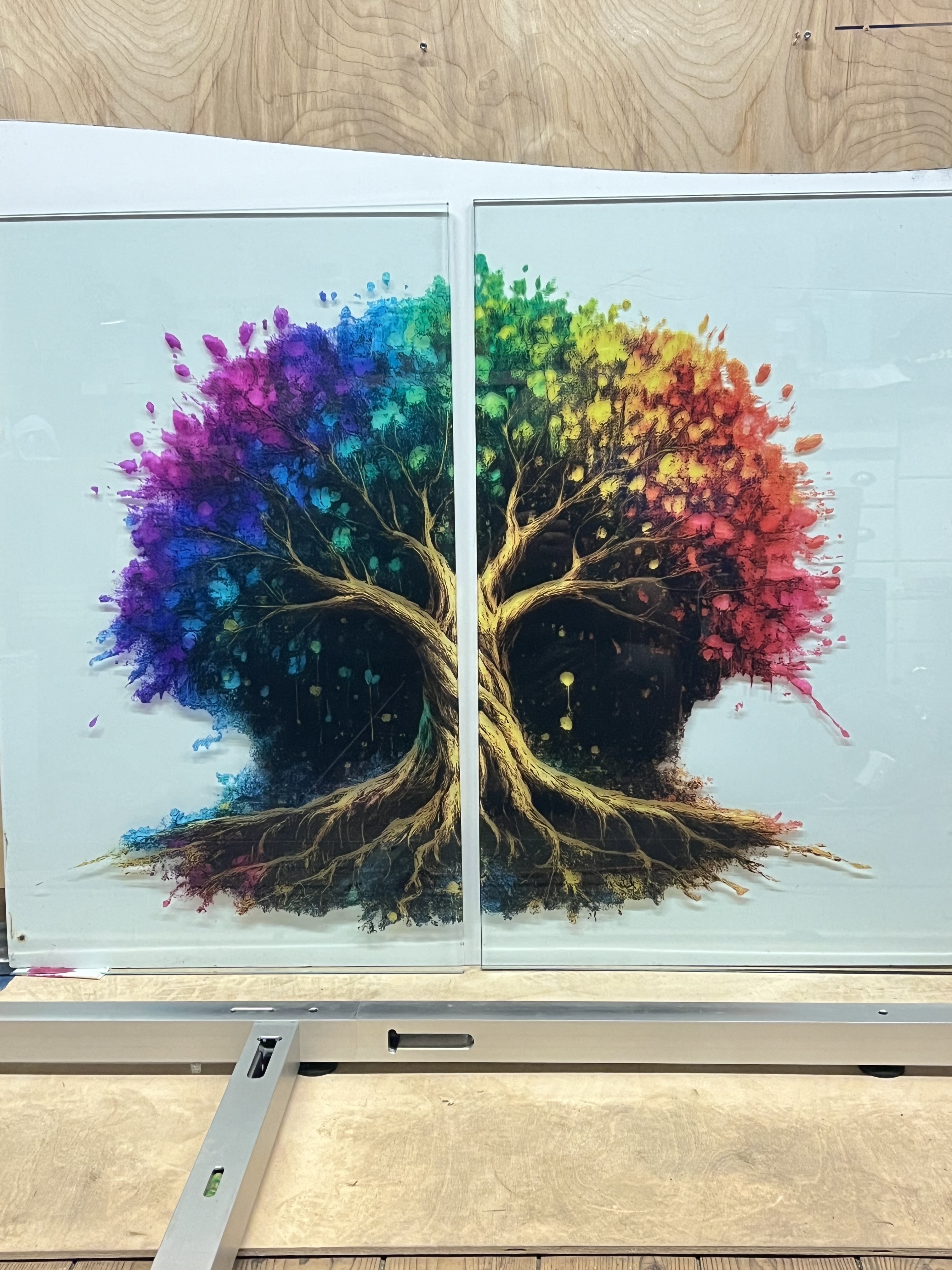 Grossformatiger Glasdruck mit mehrfarbigem Baum